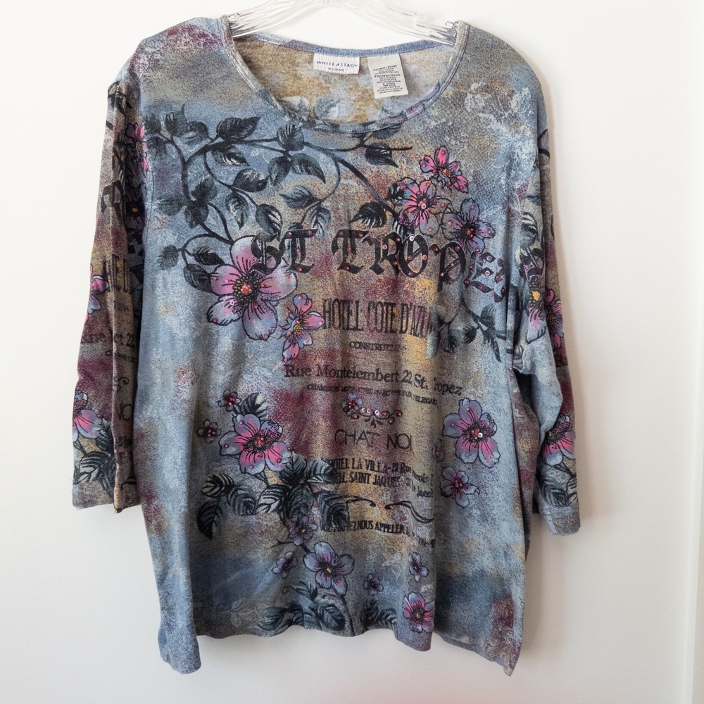 Boho Artsy St Tropez Floral Graphic‎ Top 2X Embellished All Over Print Retro